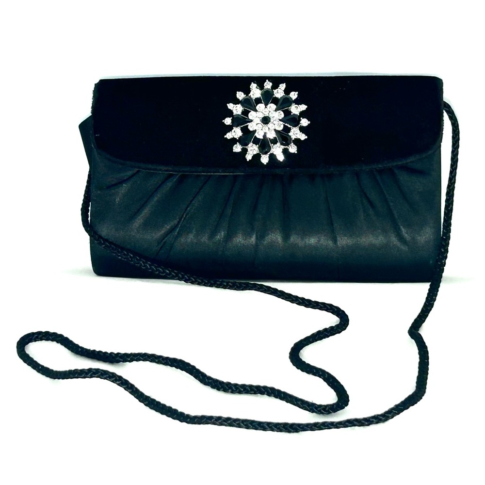 Satin Velvet Rhinestone Applique Small Shoulder Strap Black Formal Evening Bag